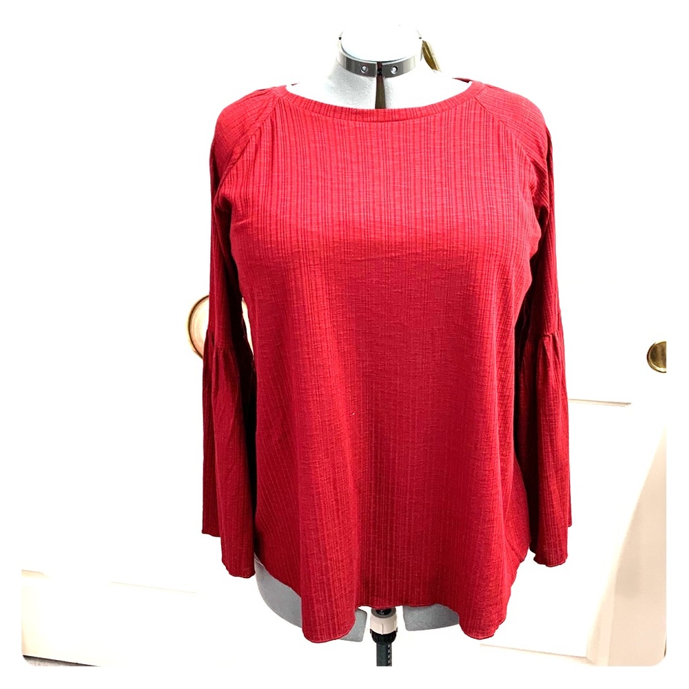 Wine colored blouse with peplum sleeves.